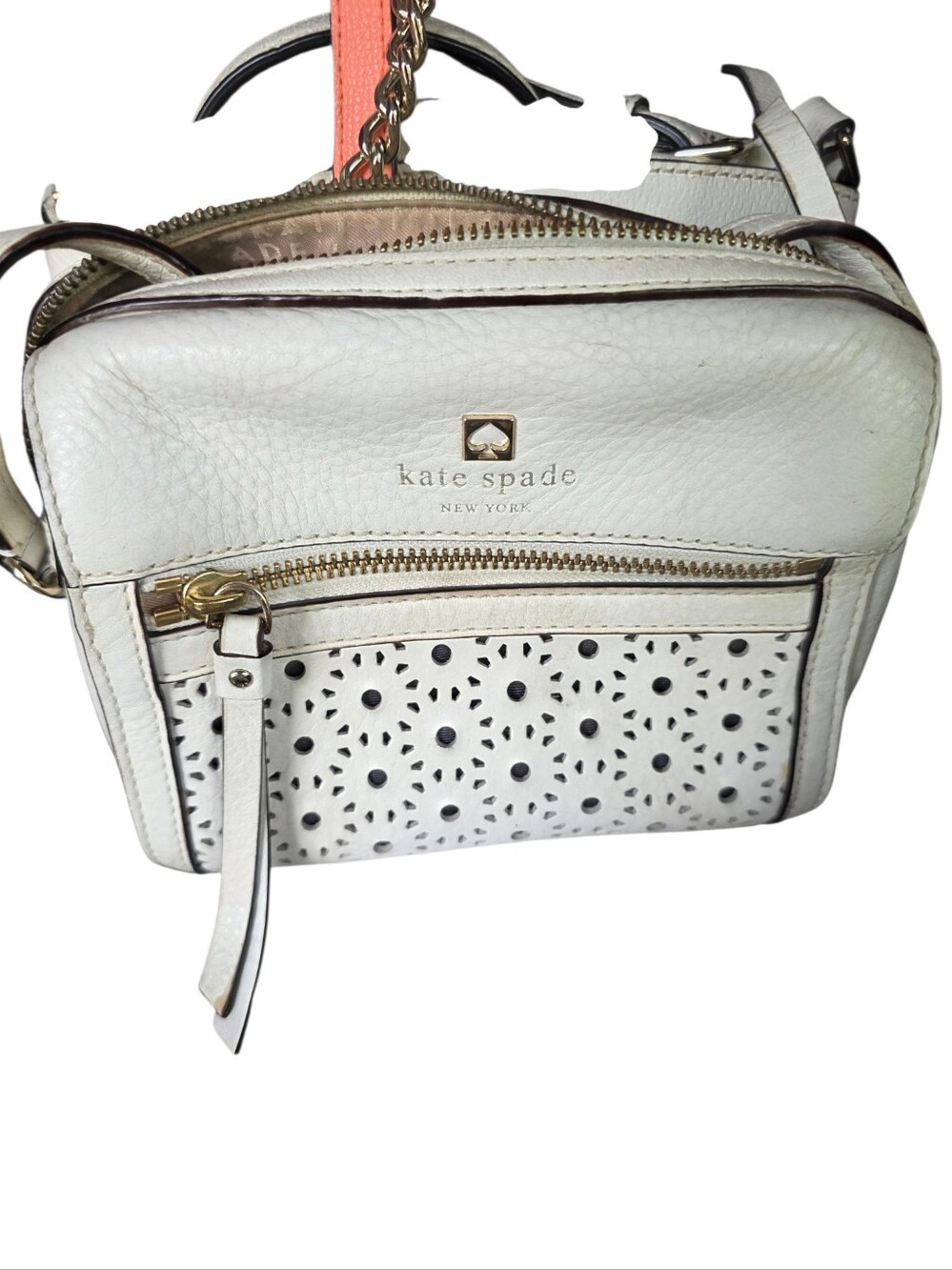 kate spade White Leather Perforated Crossbody with Gold Hardware